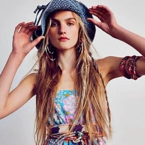 Free People Rahi Hat Denim Bucket Tie Adjustable Blue Floppy Wide Brim Beach NEW